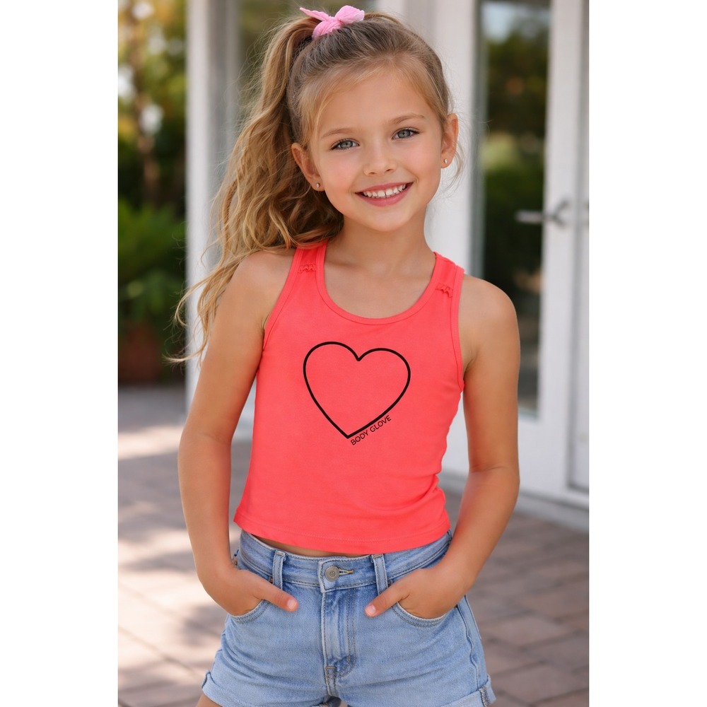 Body Glove Tank Top Girls Size 7 Racerback Neon Orange Navy Heart EUC